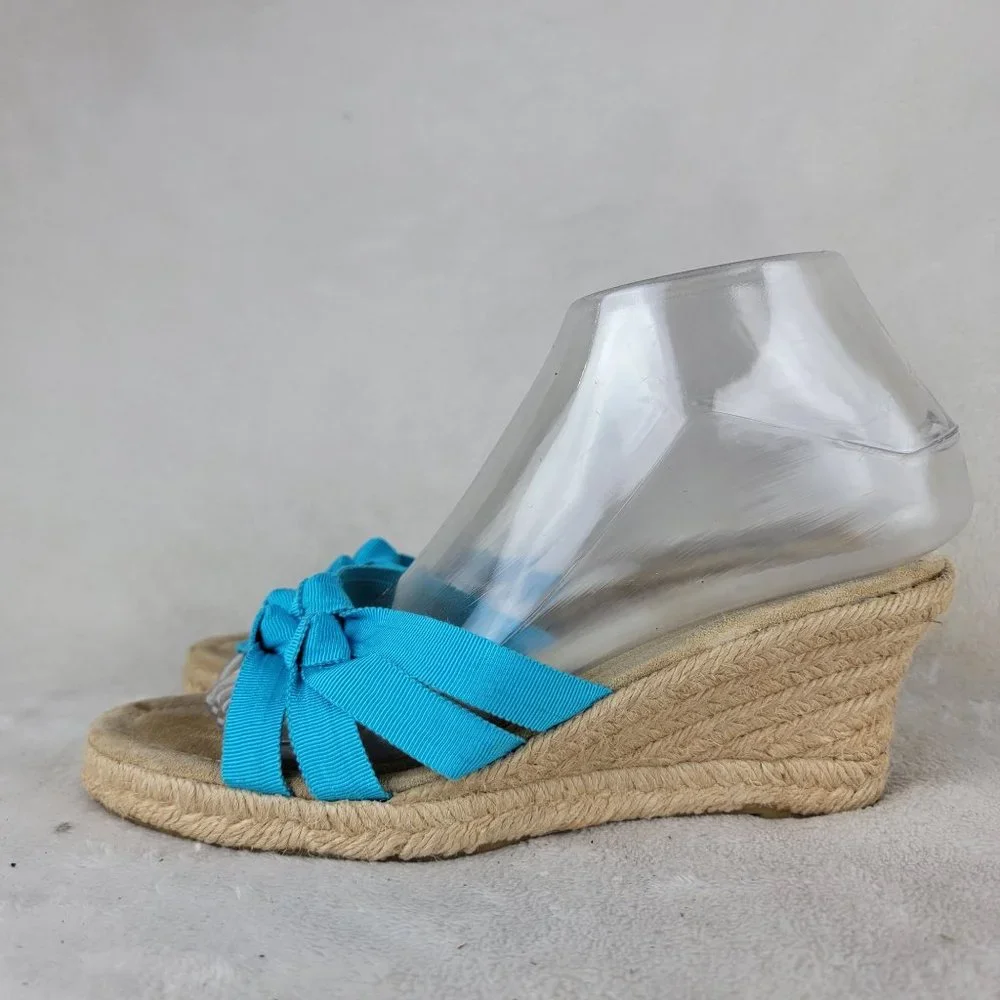 J. Crew Blue Strappy Espadrille Platform Mid Heels Wedge Sandals 8 Made in Italy